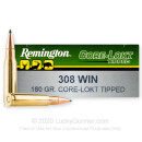 Premium 308 Ammo For Sale - 180 Grain Polymer Tip Ammunition in Stock by Remington Core-Lokt Tipped - 20 Rounds