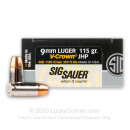 Premium 9mm Ammo For Sale - 115 Grain JHP Ammunition in Stock by Sig Sauer V-Crown - 20 Rounds