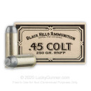 Cheap 45 Long Colt Ammo For Sale - 250 Grain RNFP Ammunition in Stock by Black Hills - 50 Rounds
