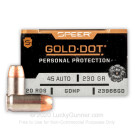 45 ACP Defense Ammo In Stock - 230 gr JHP - 45 ACP Ammunition by Speer Gold Dot For Sale - 20 Rounds