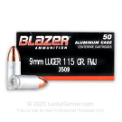 Blazer Aluminum 9mm Ammo For Sale - 115 Grain FMJ - 1000rds