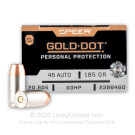 45 ACP Defense Ammo In Stock - 185 gr JHP - 45 ACP Ammunition by Speer Gold Dot For Sale - 20 Rounds