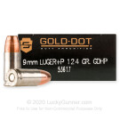 Premium 9mm Luger +P Ammo For Sale - 124 Grain HP Ammunition in Stock by Speer LE Gold Dot - 50 Rounds