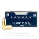45 Auto Ammo - 230 gr TMJ - Speer Lawman 45 ACP Ammunition - 50 Rounds