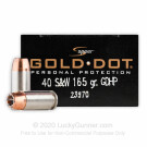 Premium 40 S&W Defense Ammo In Stock - 165 gr JHP - 40 Smith and Wesson Ammunition by Speer Gold Dot For Sale - 20 Rounds