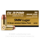 9mm - 115 Grain JHP - Blazer Brass - 50 Rounds