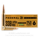 338 Lapua Magnum - 250 Grain BT-HP - Federal Premium Sierra Match King Gold Medal - 20 Rounds