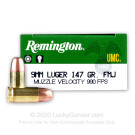 9mm - 147 gr MC - Remington UMC - 50 Rounds