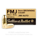 380 Auto - 92 Grain FMJ - Sellier & Bellot - 50 Rounds