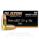9mm - 124 Grain FMJ - Blazer Brass  - 50 Rounds