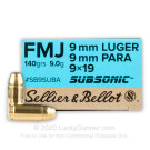 9mm - 140 Grain FMJ Subsonic - Sellier & Bellot - 50 Rounds