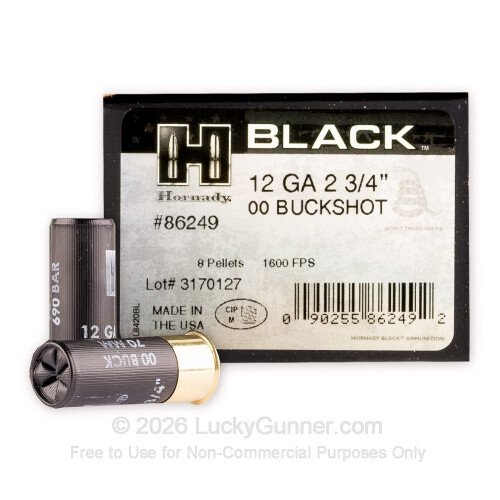 12 Gauge - 2-3/4" 8 Pellets 00 Buckshot - Hornady BLACK - 100 Rounds - Hornady