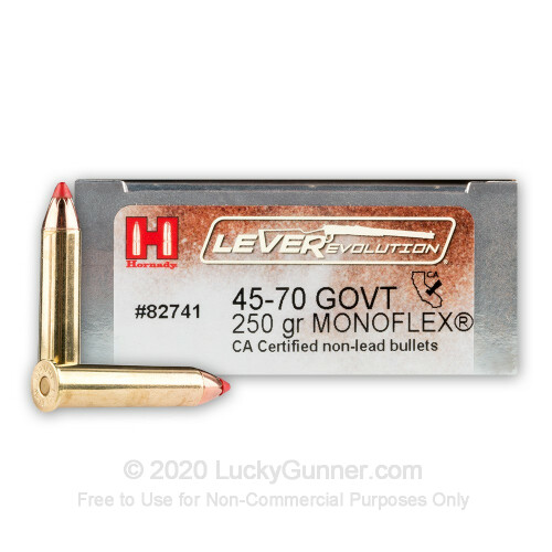 Premium 45-70 Government For Sale - 250 Grain Monoflex Ammunition in Stock by Hornady LEVERevolution - 20 Rounds